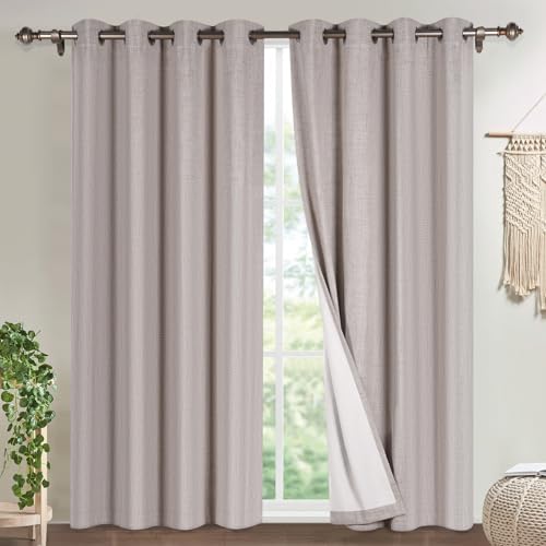 Timeles Faux Linen Blackout Curtains 96 Inch Length 100% Blackout Window Grommet Curtains Room Darkening Curtains with White Liner/Ties for Bedroom Living Room(2 Panel W 52" X L 96", Natural)