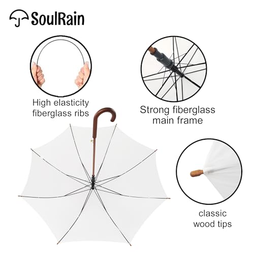 SoulRain 48\" White Stick Umbrella – Large Windproof Wedding Umbrella for Rain, Automatic Open, Vintage Cane Umbrella with Wooden Handle & Shaft, Elegant Parasol for Women & Men(White)