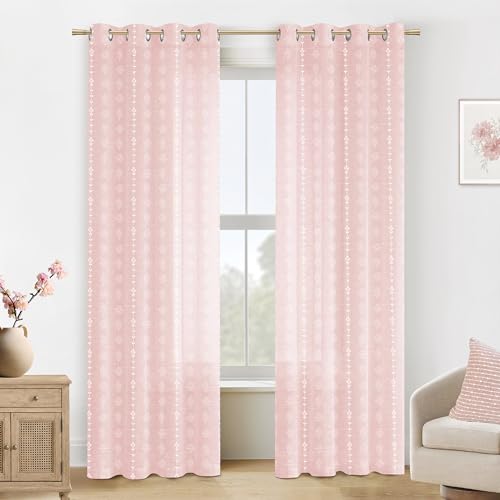 Blush Pink Floral Sheer Curtains, Pink and White Linen Boho