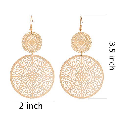 Filigree Disc Drop Earrings Double Round Disc Statement Earrings Metallic Brass Disc Dangle Hook Earrings #TOP2