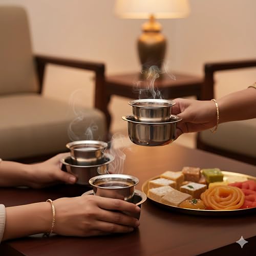 Image of Traditional Kumbakonam Coffee Dabara Set | Stainless Steel Pack of 2 | 100 ml Tumbler with 200 ml Bowl | South Indian Filter Coffee Serveware Drinkware Mirror Finish