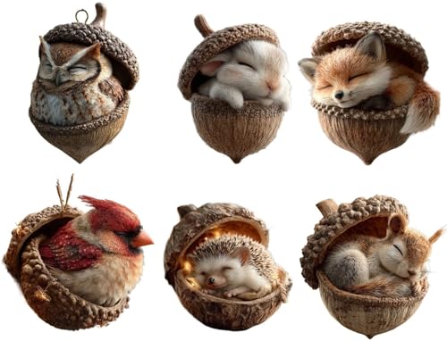 6 Pezzi di Ornamenti A Forma di Ghianda A Forma di Animale della Foresta, Decorazione Natalizia A Forma di Pigna 2026, Accoglienti Ornamenti Natalizi A Forma di Foresta