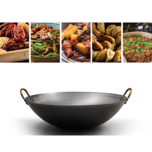 Wok de hierro sin recubrimiento, doble asa dorada, 36 cm miniatura 2