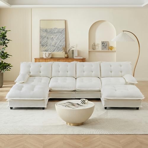 Image of 139 inch Sectional Sleeper Sofa with Ottoman, U Shaped Modular Deep Seat Couches for Living Room Apartment, Flexible Module Combination Cloud Sofa with Spring Support, Easy Assembly, White