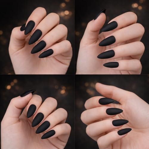 Image of 24 Pcs Reusable Artificial Nails Fake Nails with Glue and Kit|Midnight Velvet Matte Black Press On Nails | ABS Material UV Protected Long Lasting Finish | Reusable Customizable Nail Kit |Medium Stiletto Nails