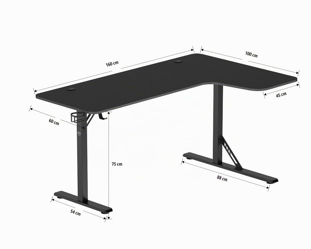 REKT R-Desk 160 L (Droite) Bureau Gamer d'angle L160 x P60-100 x H75 cm - Supporte jusqu'à 120 Kg - Porte Gobelet - Repose Casque - Bureau Gaming d'angle en L PC Console Table