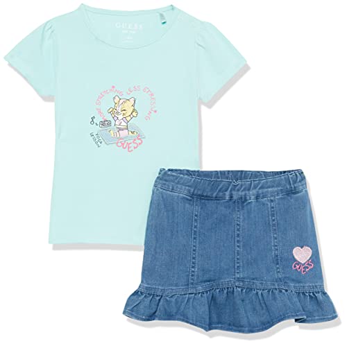Guess Baby Girl Short Sleeve Jersey Knit Shirt & Stretch Denim Skirt 2 Piece Set, Rise Sky, 18M #TOP17