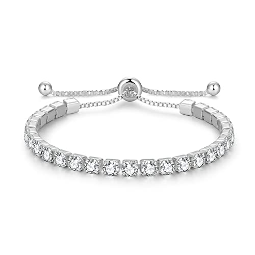 Sterling Silver Birthstone Tennis Bracelets for Women 4mm Tennis Bolo Bracelet Fashion Jewelry Birthday Gifts for Women Wife Mom Her | Adjustable Size 9