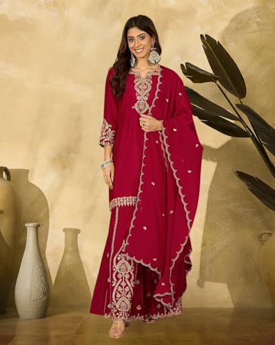 Image of SheWill Poly Chinon Zari Sequence Cording Embroide Kurta with Palazzo and Dupatta - Vibrant Set with Exquisite Detailing and Graceful Drape