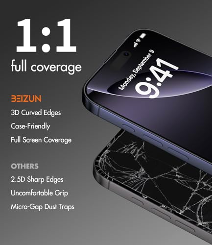 Image of Beizun Screen Protector for iPhone 16 Pro Max, Edge-to-Edge Protection, Easy Install, Case Friendly, 99% HD Clarity, 9H Tempered Glass, Anti-Scratch, Anti-Fingerprint, 3-Pack