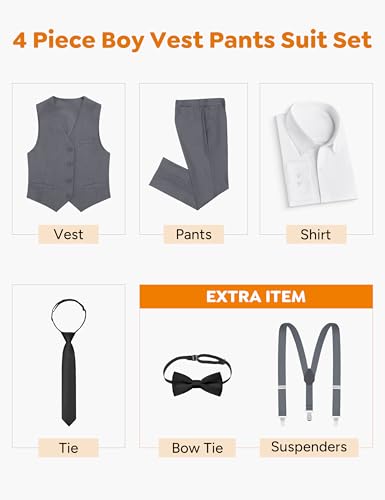 Image of Boys Suit Vest Set 4 Pieces Slim Fit Kids Dark Gray Formal Vest and Pants Set for Wedding Ring Bearer, Easter, First Communion, Confirmation, Graduation Teen Boys Size 14