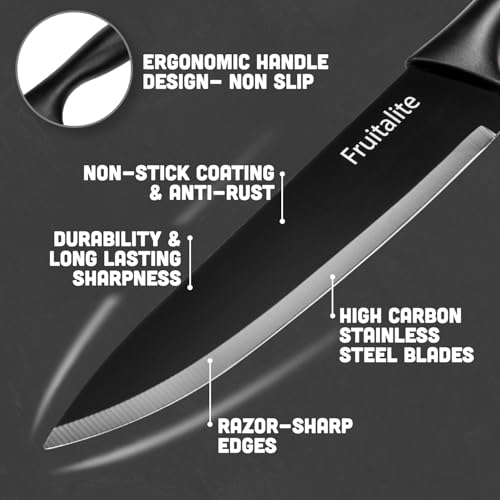 Image of Fruitalite 7-Pieces Kitchen Knife Set with Stand & Sharpener- Heavy Duty Stainless Steel Blades with Non-Stick Coating | Premium Build | Professional Sharp Chef Knives | Non-Slip Handle- Black