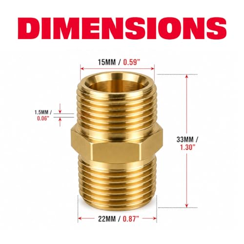 Image of JPT Heavy Duty M22-15mm Metric Male Thread Fitting | Solid Brass Build | Withstand 5000 PSI Pressure | Pressure Washer Hose Extension Coupler
