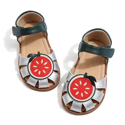 Image of Toddler Girl Sandals with Flower, Breathable Leather kids Closed Toe Sandals, Soft Rubber Non-Slip Summer Shoes for Little Girls 2-7 Years