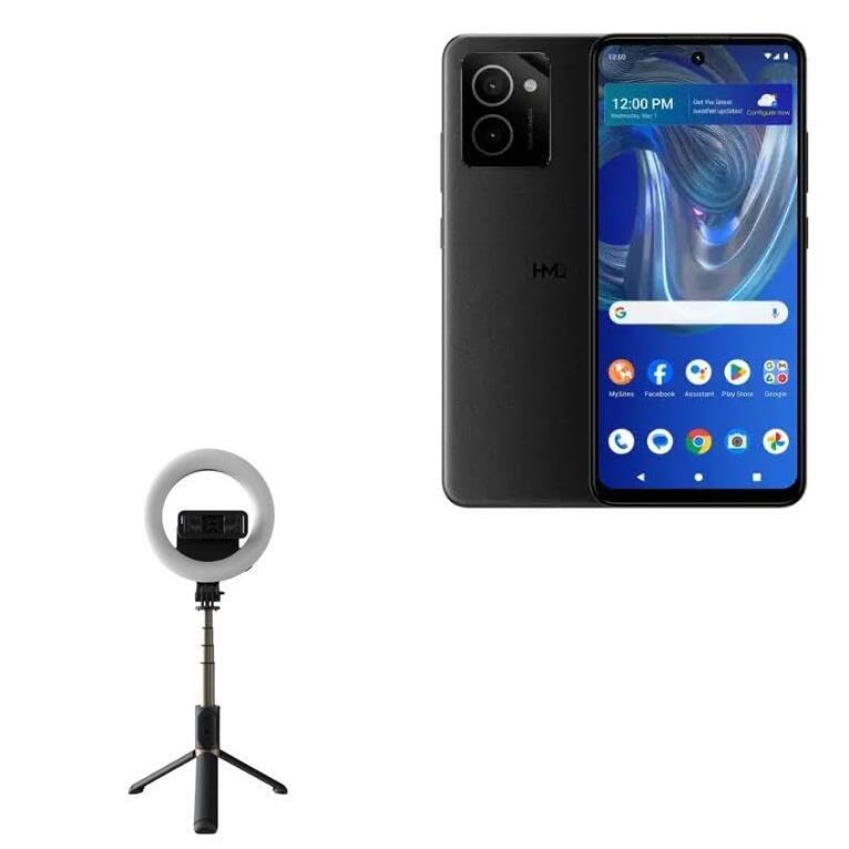 BoxWave Stand and Mount Compatible with HMD Vibe 128GB - RingLight SelfiePod, Selfie Stick Extendable Arm with Ring Light - Jet Black