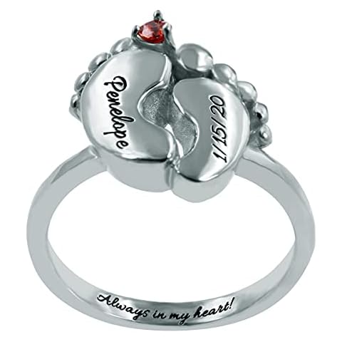 Lloveliness Personalised Baby Feet Ring 925 Sterling Silver Custom Name and Date Engraving Ring with Birthstone for Mum Mother Cover