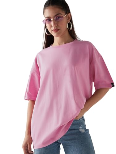 Image of Bewakoof Women's Solid Oversized Fit Half Sleeve Round Neck Cotton Jersey T-Shirt