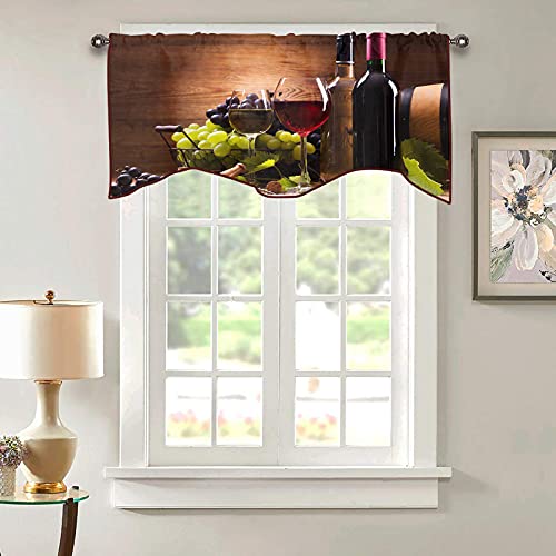 Cameon Wine Scalloped Window Valance Curtains, 36 X 18 Inch Glasses Of Red And White Served With Grapes, Thermal Insulated Rod Pocket Short Curtain For Kitchen, Brown Ruby, (W36 L18 Inch, K91 H46Cm) #TOP1