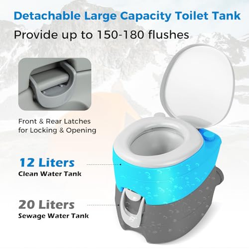 COSTWAY 20L Portable Camping Toilet, Outdoor Flushing Toilet with Pump Flush, Leak-Proof Seat & Removable Tank, Emergency Porta Potty for Hiking Caravan (Light Grey) - Image 2