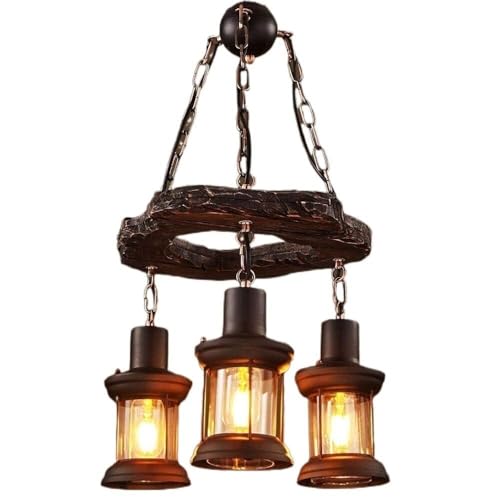 Lustre industriel en bois et métal à 3 lampes suspendues de style ferme