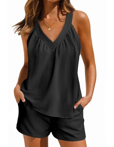 Image of Ekouaer Lounge Sets for Women 2 Piece Summer Pajamas Tank Top Shorts Set Comfy Loungewear Cute Beach Vacation Outfits