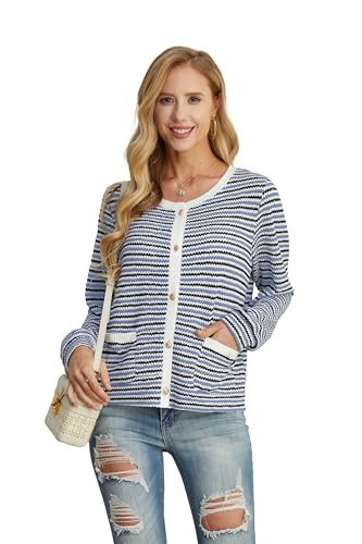 Image of Women Striped Cardigan Button Cardigan Sweaters Dressy Casual Lightweight Jacket with Patch Pockets for Women