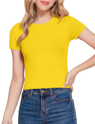 Short Sleeve Crew Neck Ribbed Crop Tops Basic Knit...