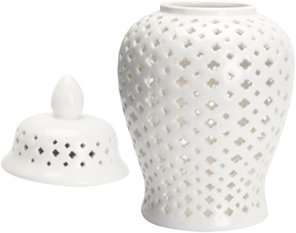 ABOOFAN Ginger Jars for Home Decor, Ceramic Hollow Out Ginger Jar Traditional Pierced Ginger Jar with Lid Bud Vase Carved Lattice Decorative Temple Jar White XS, 22x10cm, 122856Z90KH