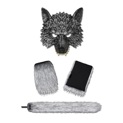 YJZQ 3PCS Masque de loup-garou ensemble de Moufle et Queue Kit Costume de loup Demi-masque Serre-tête Gants de Pattes pour Vampire Mascarade
