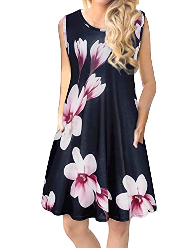 Genhoo Boho Dresses for Women, Women Summer Sleeveless Damask Print T-Shirt Dress with Pockets Flower Navy Flower Medium