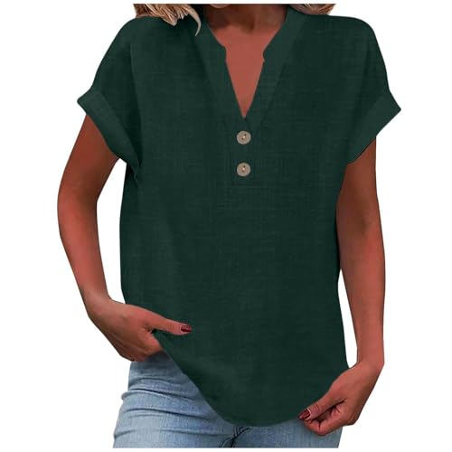 Musselin Bluse Damen Oversized Kurzarm V-Ausschnitt Tshirt mit Knöpfen Leinenbluse Sommer Oberteile Hemdbluse Baumwolle Leinen Shirt Große Größen Leichte Lose Blusen