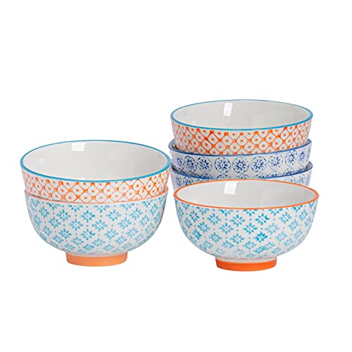 Nicola Spring Patterned Rice Bowls - 3 Colours - 11.5cm - Pack of 6 - Porcelain Flower Print Design Noodle Serving Snack Bowls for Snacks, Pasta, Noodles, Fruit, Cereal, Salads