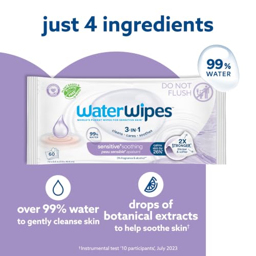 WaterWipes Sensitive+ Soothing Wipes, 3-In-1 Cleans, Cares, Soothes, 99% Water with Botanical Extract, Unscented & Hypoallergenic Baby Wipes, 360 Count (6 Packs) β image 3