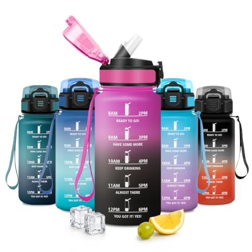 JAPORIA Botella Agua 500ml, Botella de Agua con Pajita, Cantimplora con Marcador de Tiempo, Reutilizable, sin BPA, Motivacional, para Escuela, Oficina, Camping