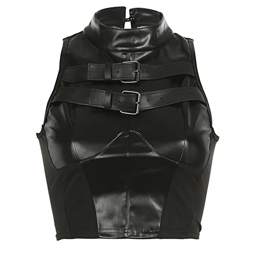 Gothic Leather Halter Cropped Tanks Sexy Split Bandage Backless Skinny Corset Top Punk Style Solid Black PU Vest Ladies
