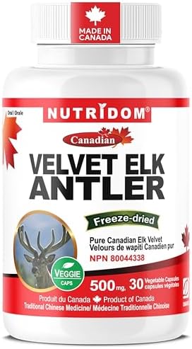 Nutridom Velvet Elk Antler 500 mg, 100% Canadian, Freeze-Dried, Non-GMO, NO Additives, Gluten Free, Made in Canada (30 Veggie capsules)