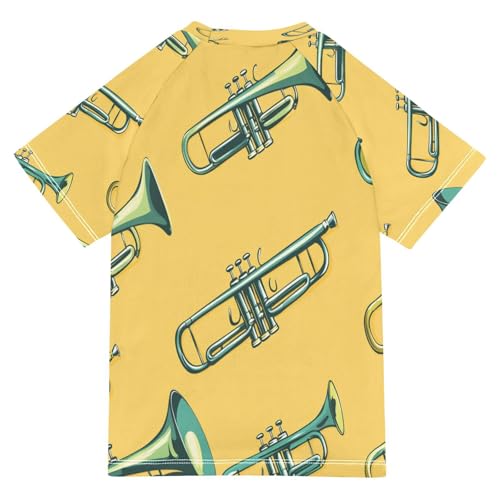 Boys Short Sleeve T-Shirts Trumpet Yellow Music Rashguard Kids Swim Shirts Sun UPF 50+2