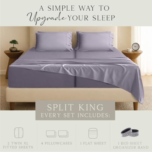 Image of KARISSA MAE 7 Piece Luxury Bamboo Viscose Split King Sheets, FSC Certified | Includes 2 Twin XL Fitted Sheets | Sleep Number & Adjustable Bed | Cooling | 18 inch Deep Pocket | 4 Pillowcases [Plum]