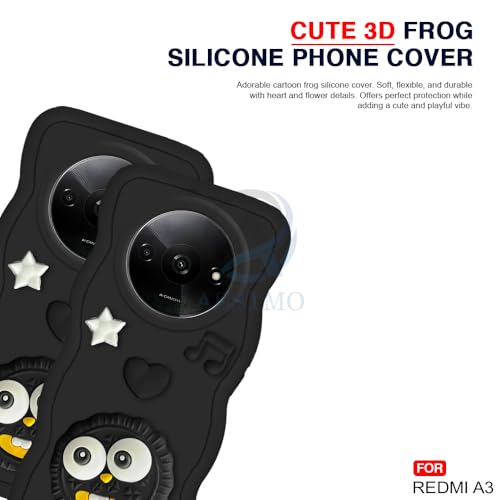 Image of AESTMO Back Case Cover for Redmi A3 | 3D Cute Fun Cartoon Characters | Anti Slip Grip Cute Wave Curly Frame Shape | Full Body Protection Back Cover for Redmi A3 | (Black)
