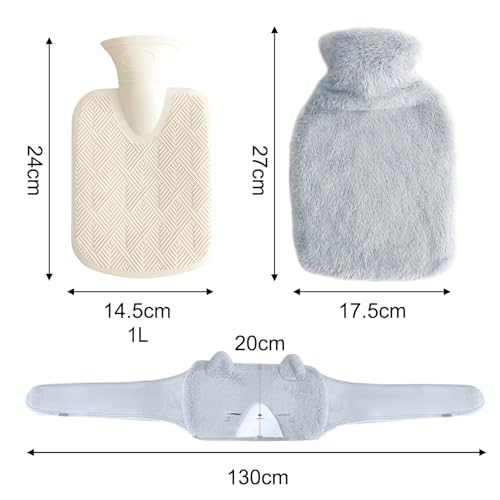 3 in 1 Wärmflaschengürtel, 1L Wärmflasche mit Bezug, Gummi Wärmflasche zur Schmerzlinderung für Nacken Schulter Rücken Taille Regelschmerzen, für Kinder, Erwachsene, Ältere, Frauen (Katze - Grau)