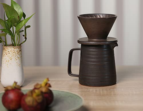 Image of Stoneware Handmade Pour Over Coffee Maker Set, Ceramic Coffee Cone Dripper & Decanter, Pottery V60 Filter Brewer & Coffee Pot, Annular Vein Retro Metallic Black Glazed 16oz