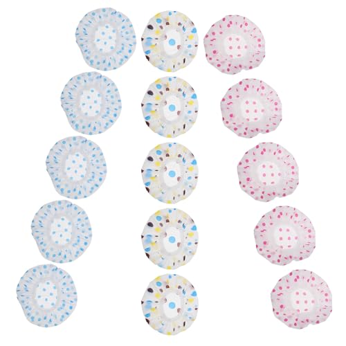 VILLCASE Gorros de Ducha Impermeables Reutilizables 15 Piezas Gruesos con Encaje Elástico Estampado de Lunares Multicolor Protección para Cabello Voluminoso en Baño y Champú