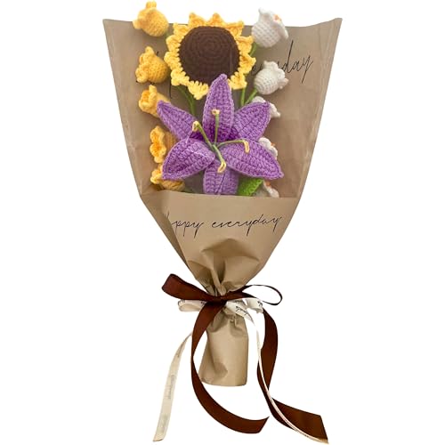 Ramo Artesanal de Flores de Ganchillo, Girasol y Lirios, Decorativo, Morado y Amarillo, 40x24 cm, Regalo para Cumpleaños y Aniversario