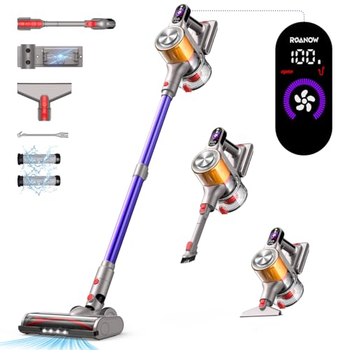 Roanow Aspirapolvere senza fili, 45KPa/550W, 60 Minuti Scopa Elettrica Senza Fili Potente con supporto di ricarica da parete/Schermo LED/scheda di profumo/tazza da 1,8L, per Pavimenti, Tappeti, Casa