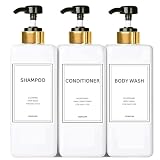 Modern Gold Shampoo and Conditioner Dispenser (21 oz, Pack of 3) Refillable Pump Bottle Set Empty Shower Plastic Bottles with Pump for Bathroom Body Wash Soap and Shower, 3 Types Waterproof Labels