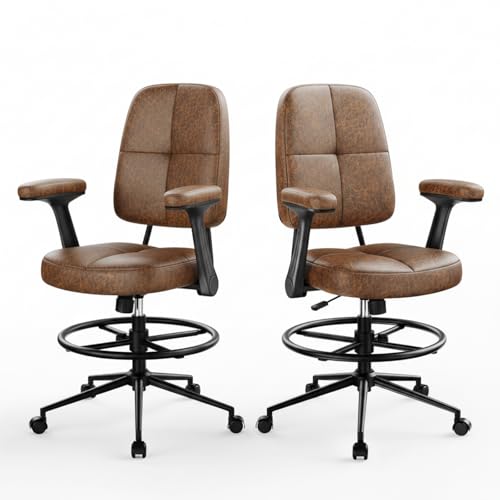 Image of Marsail Drafting Chair with Flip-Up Armrests and Footrest, Ergonomic Tall Office Chair, Height Adjustable High Chair, Brown Leather Seat with Thick Cushion, 360 Swivel, Pack of 2