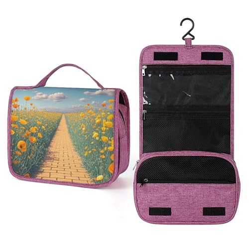 Trousse de toilette étanche jaune à motif coquelicots et crochet suspendu pour voyage