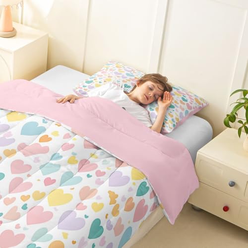 Image of Erosebridal Girls Heart Pattern Toddler Bedding Set Rainbow Heart Comforter Set for Kids Girls Kawaii Valentine Theme Comforter Cartoon Geometric Duvet Insert