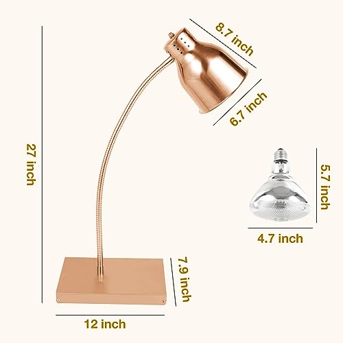 Restlrious Food Heat Lamp with 250w Bulb, Commercial Golden Stainless Steel Food Warmer Lamp with Single Head & Flexible Arm, Electric Portable Infrared Heating Lamp for Buffet, Restaurant, Parties