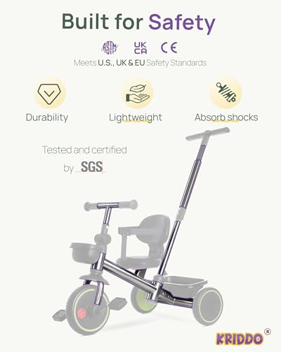 Image of KRIDDO 2-in-1 Tricycle for Toddlers 1.5-5 Years, Push Tricycle with Parent Steering & Detachable Handle, 9-Stage Adjustable Handlebar, Toddler Trike with Safety Belt, Clutch Pedals & Dual Baskets, GN